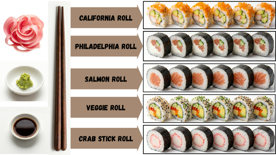Sushi (California Roll, Veggie Roll, Crab Stick Roll, Salmon Roll, Philadelphia Roll)